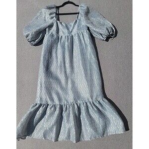 By Anthropologie M Blue Grey Silver Textured Puff Sleeve Dress *READ*